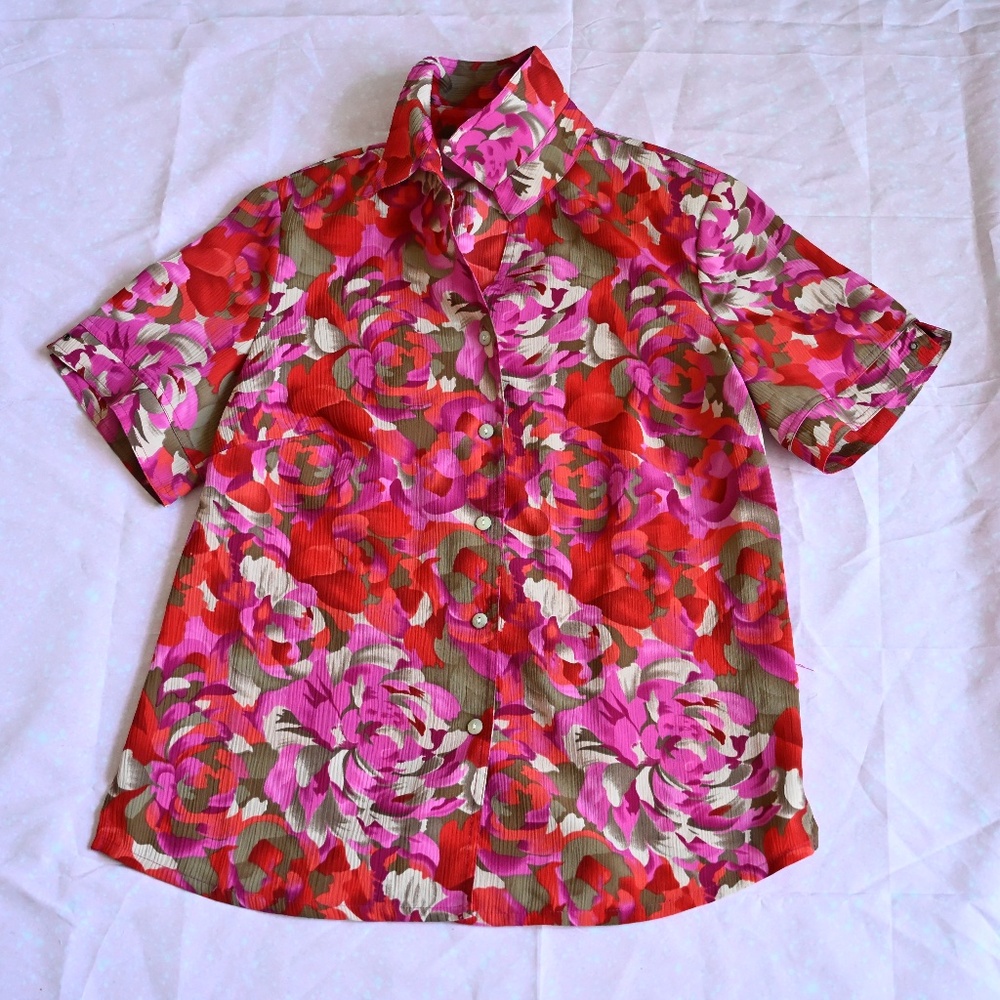 Allison Daley Pink & Red Floral Button‑Up Shirt – Size 8 🌸